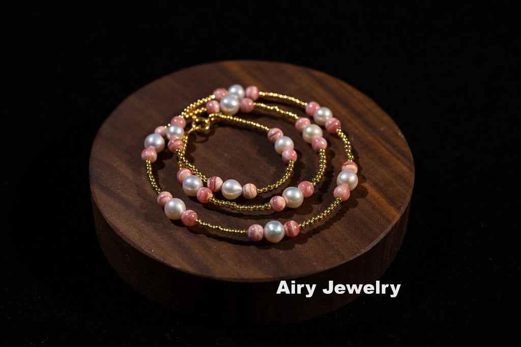 Natural red patterned stone pearl bracelet/necklace