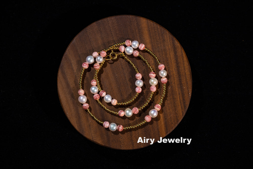 Natural red patterned stone pearl bracelet/necklace